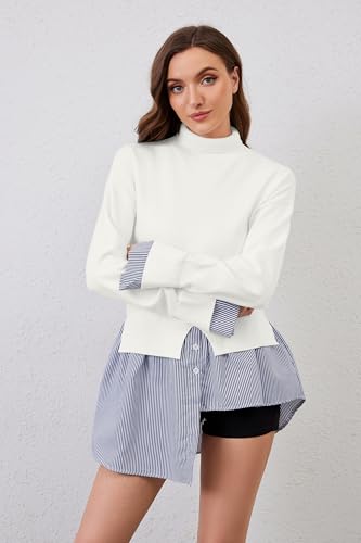 Image of HOCANDY Women Split Turtleneck Sweater 2 in 1 Button Down Patchwork Peplum Blouse Sweaters Asymmetrical Pullover Knit Sweater White
