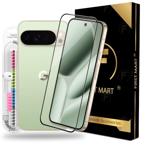 Image of FIRST MART Tempered Glass for Google Pixel 10 Pro XL and Pixel 9 Pro XL, 9H 0.3 mm Full-Glue Screen Protector with Cable Protector, 3D Edge-to-Edge, HD Clear, Case-Friendly, Black, Pack of 1