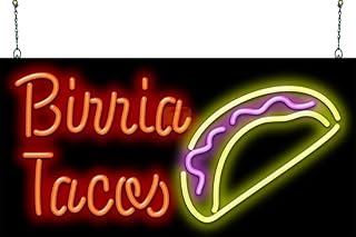 Birria Tacos Neon Sign - Large Size - 32" wide x 16" high - Real, Quality Hand Bent Neon Sign - Red Letters with a Yellow & Purple Taco Design