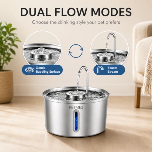 PETME2 Stainless Steel Cat Water Fountain 108oz/3.2L, Dog Water Fountain for Cats & Dogs Indoor, LED Light, Quiet Pump, Faucet & Bubbling Dual Flow Modes, 4-Layer Filter, Dishwasher Safe - image 2
