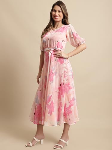 Preneum Women's Maxi Fit & Flare Latest Style Print Georgette Regular Sleeves Casual Summer Maxi Dress || Festival & Occasion, Rose Pink, Xl