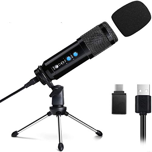 Micrófono para PC y teléfono, EXJOY Micrófono de Condensador con Trípode con Adaptador tipo C y Conector para Auriculares de 3,5 mm, para Youtube, Vlog, Streaming, Podcast, Juegos Cover