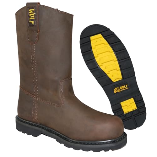 WOLF Work Boot | 100% Genuine Upper Leather | Oil, Abrasion Resistant | Electrical Hazards | Non-Slip Rubber Sole | Soft Toe | Dual Pullers | Construction | Industrial PPE