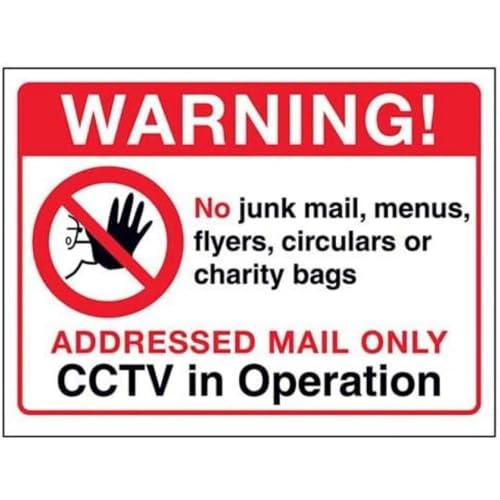 V Safety DP095AR-S Señal de Advertencia con dirección de Correo Solamente, CCTV en Funcionamiento – 200 mm x 150 mm – Vinilo Autoadhesivo, Rojo Negro, 200mm x 150mm