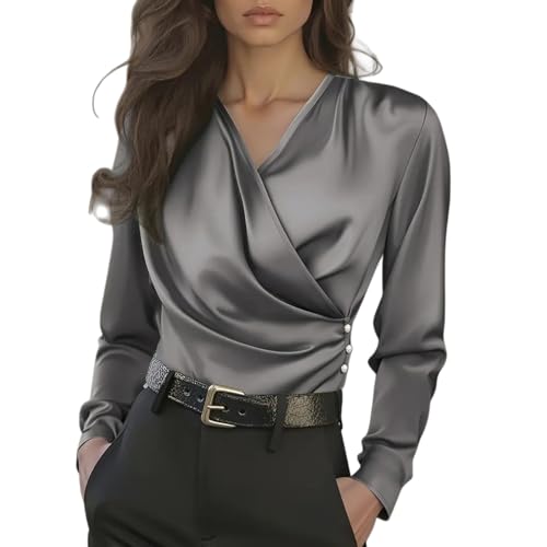 Blusas de Mujer Elegantes Fiesta Raso Blusa Elegante de Satén Color Sólido Camiseta Talla Grande Seda Oficina Top Manga Larga Boda Camisa Cuello en V Moda Tops Cómodo Chic Básico Casual
