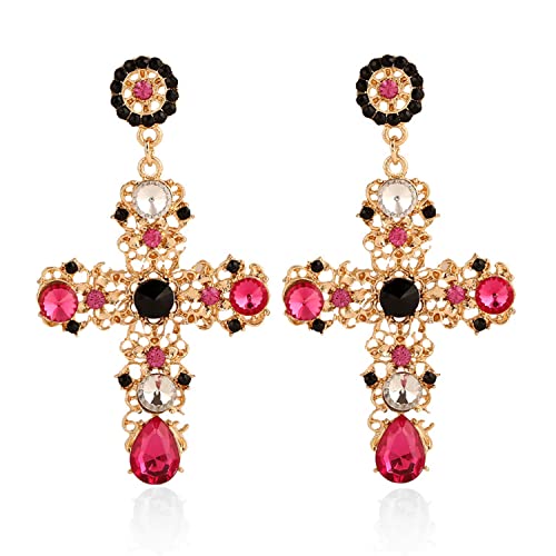 Boucles d'oreilles croix dorée baroque et cristal chic de créateur