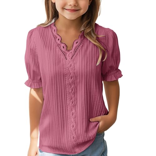 Girls V Neck Lace Trim Elegant Blouse Kids Puff Short Sleeve Basic Solid Tops Summer Dressy Loose Hollow Trendy Teen Tops