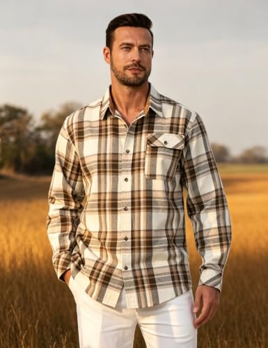 Drazivon Men's Button Down Long Sleeve Cotton Flannel Shirt Plaid White M — view 4