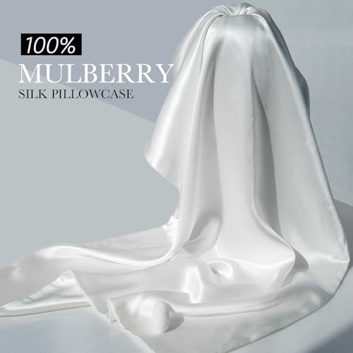 100% Mulberry Silk Pillowcase for Hair and Skin, 22 Momme Pure Natural Silk Pillow Case Both Sided with Zipper, Pillow Cover for Women Mom Men (White, King 20''×36'')