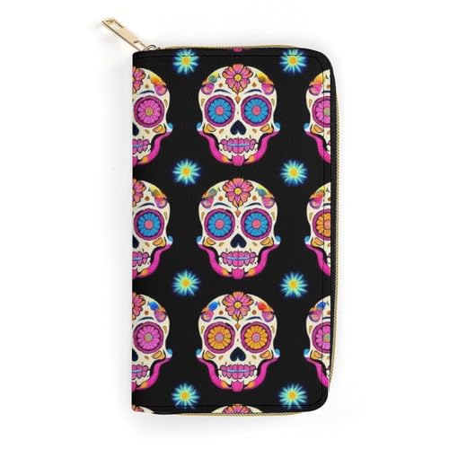 Women's Cute Decor Wallet, Long PU Zipper Wallet, Travel Purse Fashion Design, Huge Storage Capacity Purse Day Dead Colorful Sugar Skull - Main Image
