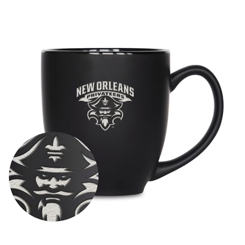 Rico Industries NCAA New Orleans Privateers 15oz Laser Engraved Matte Black Ceramic Bistro Mug - for Hot or Cold Drinks