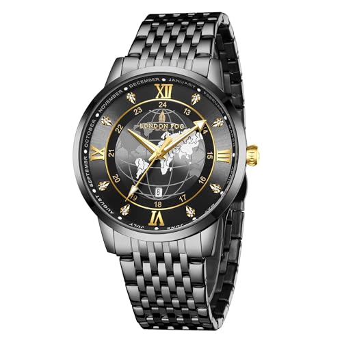 Image of London Fog Baker Collection Analog Quartz Watch for Men, Round World Map Dial with Month Markers & Crystal Accents, Luminous Hands, Stainless Steel Strap - LFM10009