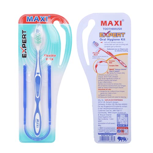 Image of MAXI Expert Soft Bristles Toothbrush with Dual action Tongue Cleaner - Oral Hygiene Kit, Perfect combo for Family, Multicolor (Pack of 6)