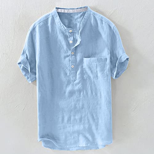 Blusa masculina de verão de algodão puro com botão de cânhamo e manga curta, X6 - azul, GG