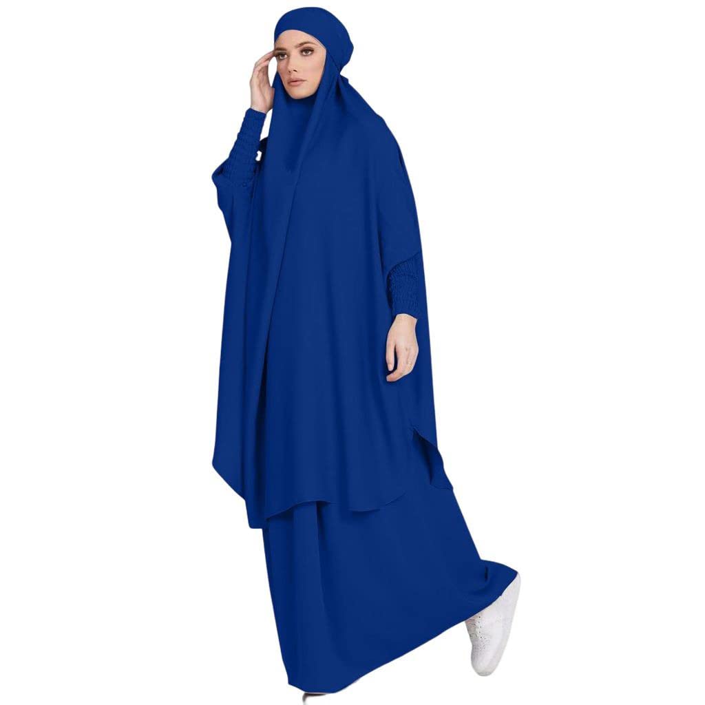 Brong Women's Blue Two Piece Abaya For Uk Muslim Prayer Dress With Khimar Hijab Set Loose Jilbab Long Robe + Prayer Maxi Skirt With Niqab Muslim Prayer Outfit One Size