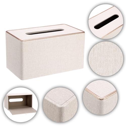 Image of Sumnacon Rectangular Linen Tissue Box Cover - Stylish Tissue Box Holder with Magnetic Bottom, Decorative Tissue Box for Bathroom Toilet Vanity Night Stand Table Countertop Office, Beige Linen Texture