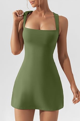 QINSEN Square Neck Mini Dress for Womens Tank Top Casual Party Club Dress Olive L - Thumbnail 3