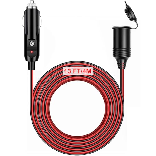 SunnyOcean 13FT/4M Car Cigarette Lighter Extension Cord 16AWG Heavy Duty Male Plug to Female Socket Adapter with 15A Fuse and LED Indicator for 12V/24V Trucks Vans RVs and Equipment