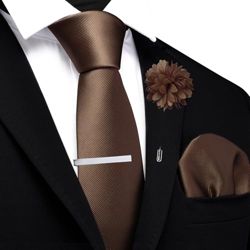 Image of Branduce 3.15 inch（8cm） Solid Formal Tie and Pocket Square Plain Necktie Lapel Pin and Tie Clip Set for Men