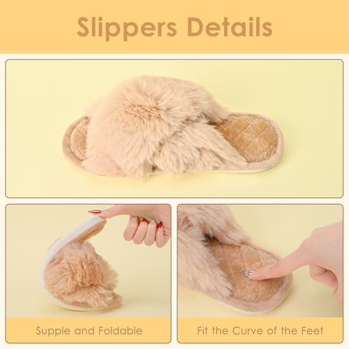 Cross Band Plush Soft Fur Slippers Warm Winter House Shoes for Women, Open Toe Comfy Indoor Slides Slippers2