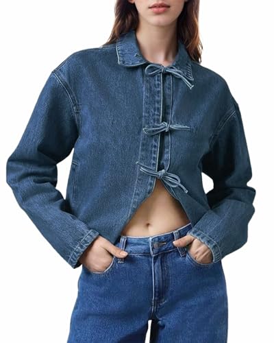 Kedera Womens Jean Jacket Tie Front Long Sleeve Denim Shacket Lapel Collar Tops Fall Winter Fashion Trendy Coat Blazer
