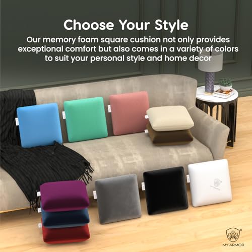 Image of MYARMOR Memory Foam Square Cushion for Car, Sofa /Diwan, Bed, Chair & Decoration | Highly Durable, Hypoallergenic | Velvet Cover | Black, Pack of 2 [12 inchx 12 inch x 4 inch]