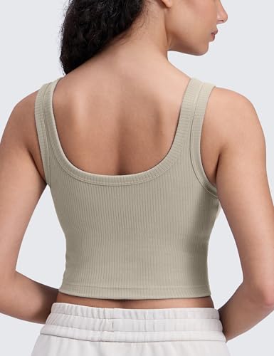 Image of CRZ YOGA Ribbed U Neck Crop Tank Tops | Medium Support, Removable Pads, Casual, Wide Straps, Longline Sports Bras for Women