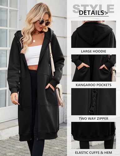 Tuopuda Damen Lange Kapuzenpullover mit Reißverschluss Hoodie Jacke Langarm Herbst Winter Pulli Sweatjacke Sweatshirts Kapuzenpullover Streetwear Strickjacke mit Taschen(Schwarz,XL)