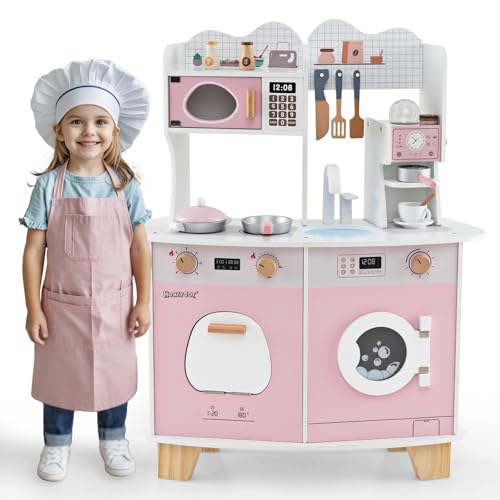GOPLUS Cuisine Enfant en Bois avec Sonore, Jouet de Cuisine Rose avec Moulin à Café, Machine à Laver, Accessoires Mignons, pour Garçons Filles 3+ Ans,...