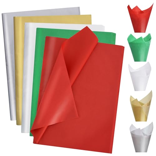 Image of BEISHIDA 100 Sheets Christmas Tissue Paper Bulk, Red Green White Silver Gold Wrapping Tissue Paper for Gift Bags, 14 x 20 Inch Gift Wrap for Party Decoration DIY Crafts Holiday Flowers