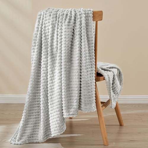 Image of EMME Fleece Throw Blanket Luxury Flannel for Couch Bed Sofa Chair, Soft, Plush, Warm and Cozy Blanket with Geometric Grid Design (Light Grey, 50'' x 60'')