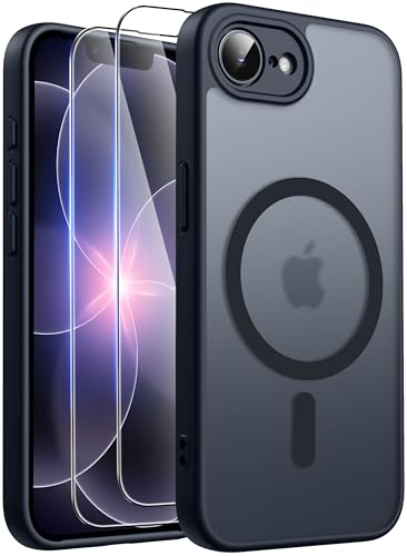 FLLAO Funda para iPhone 16e / iPhone 17e, Compatible MagSafe con 2 Piezas Protector de Pantalla Cristal Templado, Magnética Carcasa iPhone 17e / 16e Translúcida Mate Trasera Fina Antigolpes, Negro