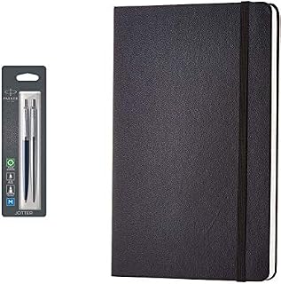 Parker Jotter London Duo Discovery Pack | with Ballpoint Pen (Royal Blue) & Gel Pen (Stainless Steel) & AmazonBasics Classic Notebook, Ruled 240 pages, Large (12.7x21cm)