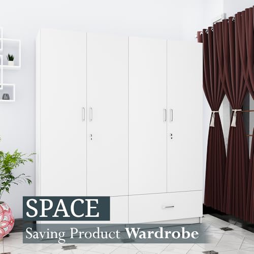 Image of VIKI Wardrobe | Wooden Almirah for 4 Door Wardrobe with 2 Split Drawer & Hanging Space (Frosty White - 40D x 160W x 180.8H) | 1 Year Warranty | Free Assembly