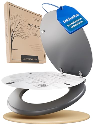 LOBENSWERK Toilettendeckel mit Absenkautomatik Holz [Einfache Montage] mit Soft-Touch-Legierung | antibakteriell | Quick-Release-Funktion | Klobrille mit Holzkern Klodeckel WC Sitz Grau Matt