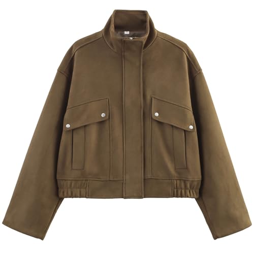 Womens Suede Bomber Jacket High Neck Casual Cropped Jackets Long Sleeve Zipper Streetwear Outerwear with Pockets