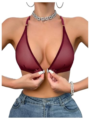 Image of SOLY HUX Women's Sheer Mesh Through Bra Sheer Bralette Front Closure Deep V Neck Wireless Lingerie Sexy Lingerie Bra