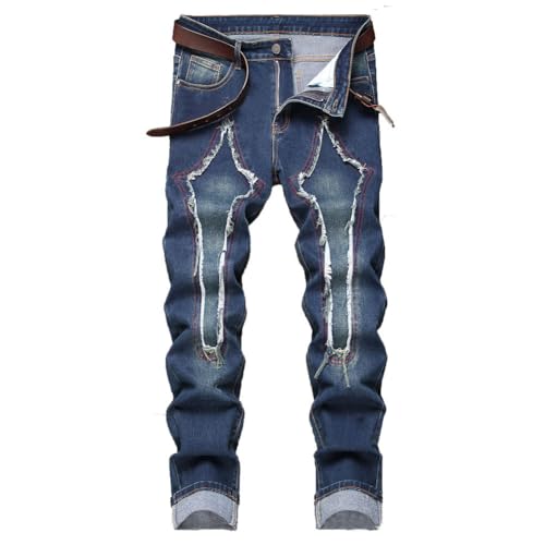 Mens Jeans Slim Fit Stretchy Straight Leg Holey Patchwork Light Wash Skinny Ripped Jeans
