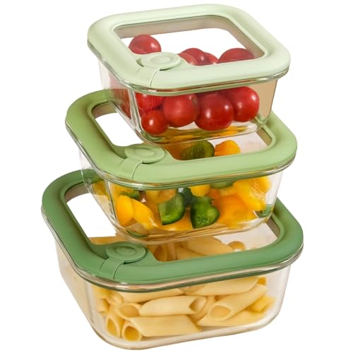 Nestasia Vento Glass Containers with Lid Set of 3 (320ml, 520ml, 800ml) - Square Containers with Air Vent Lid for Kitchen Storage | Microwave, Dishwas