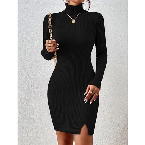 Image of GLARE & BLAIR Solid Turtle Neck Regular Fit Casual Ribbed Knit Long Sleeve Bodycon Dress for Women