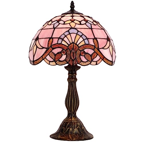 Image of WERFACTORY Tiffany Lamp Bedside Pink Stained Glass Table Lamp 18 Inch Tall
