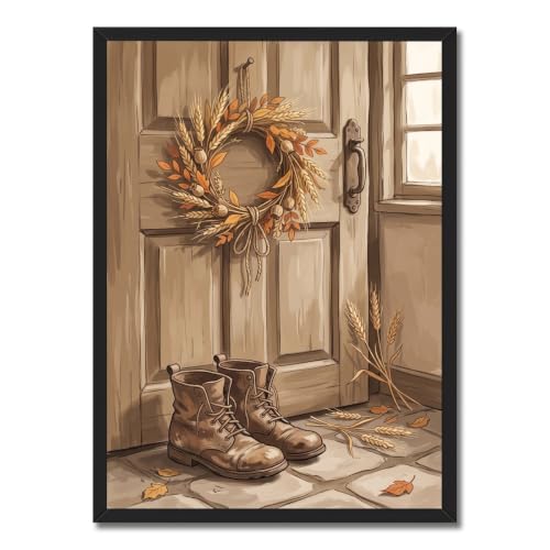 Black Framed Autumn Wreath Wall Art, Cozy Farmhouse Wheat Decor