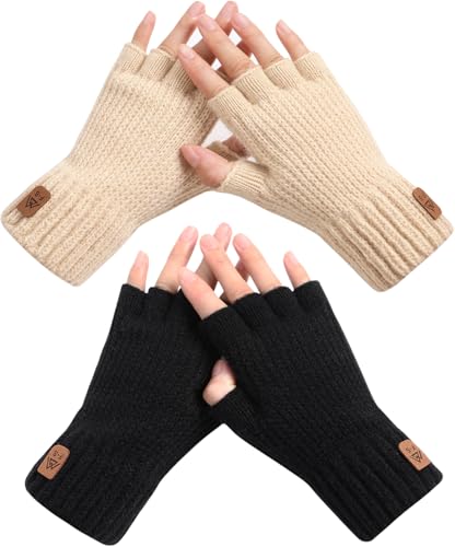 Pleneal 2 Pairs Fingerless Gloves for Women Men - Womens Winter Glove, Warm Knit Gloves for Cold Weather with Elastic Cuff