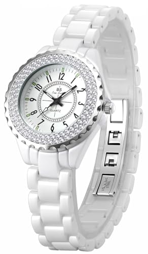 MASTOP Women's Watches Crystal Analog Quartz Waterproof White Ceramic Watch for Ladies Bracelet Watch (White)
