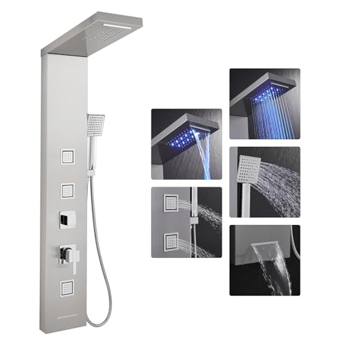 OUGOO Panneau de douche à LED avec robinetterie en acier inoxydable, 5 fonctions, montage mural, panneau de douche complet avec douche à effet pluie, cascade, 3 buses de massage, douchette à main et