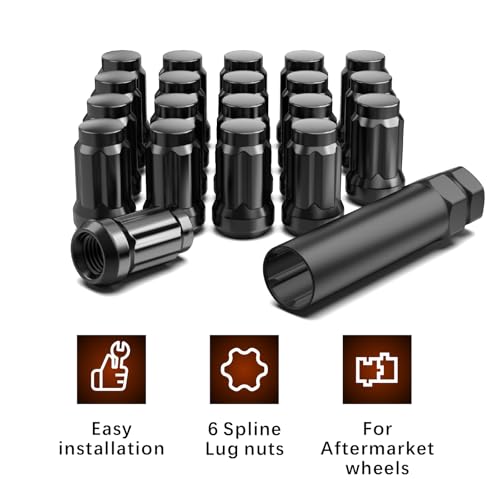 Image of Gaemi M10x1.25 Spline Lug Nuts Black, 20 Pack | 6 Spline Design, 1.38 inch Tall, 3 /4 inch Hex Conical Seat 60, Includes 1 Socket Key, For Aftermarket Wheels