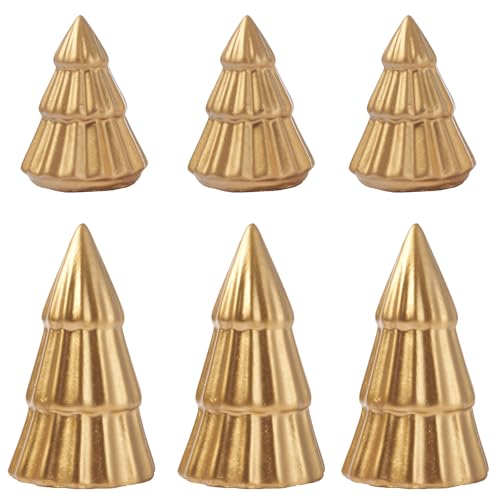 WDS WONDROUS Metallic Mini Christmas Trees Gold, Set of 6 Small Christmas Trees Figurine Tiered Tray Decor, Xmas Tabletop Decorations Table Centerpiece Office Mantel Shelf