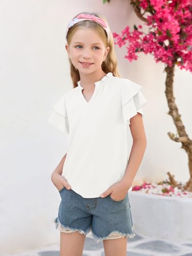 Haloumoning Girls Ruffle Short Sleeve T Shirts Casual V Neck Chiffon Blouse Cute Summer Tops 5-14Y3