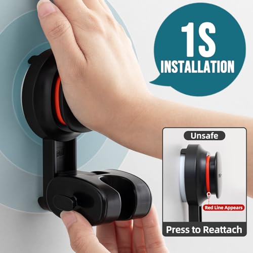 Image of TAILI Shower Head Holder Suction,Visible Safety,with Hooks,Black | height angle adjustable,handheld shower wand bracket,no-drill removable waterproof,plastic,wall mounted,universal,kids,pets