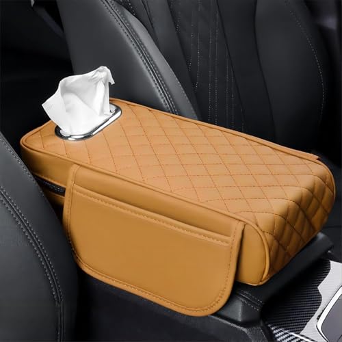 YXIOAHRM Car Center Console Cover Armrest Cushion for VW Polo 9N 9N2 9N3 2000-2023, Universal Armrest Cover Microfiber Leather Armrest Cushion Arm Rest Cover with Pocket and Tissue Box, D/Yellow